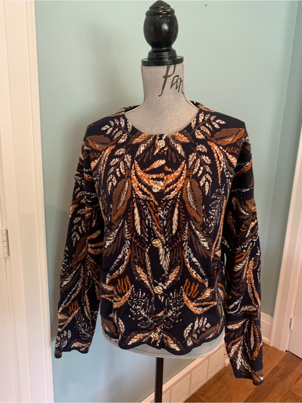 Women's Black and Brown Patterned Knit Cardigan
